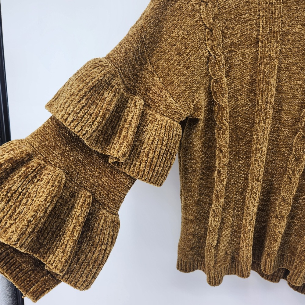 For The Republic Chenille Sweater Brown Cable Knit Tiered Ruffle Bell Sleeve XL - Picture 2 of 5
